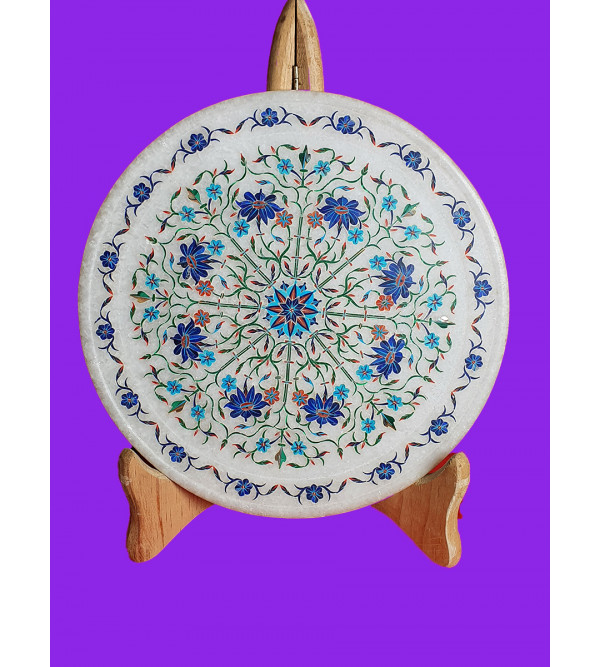 Marble Plate Handcrafted With Semi Precious Stone Inlay Work Size 9 Inch