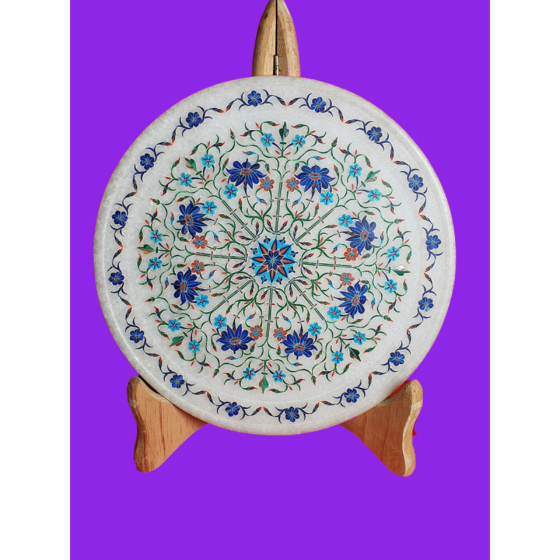 Marble Plate Handcrafted With Semi Precious Stone Inlay Work Size 9 Inch