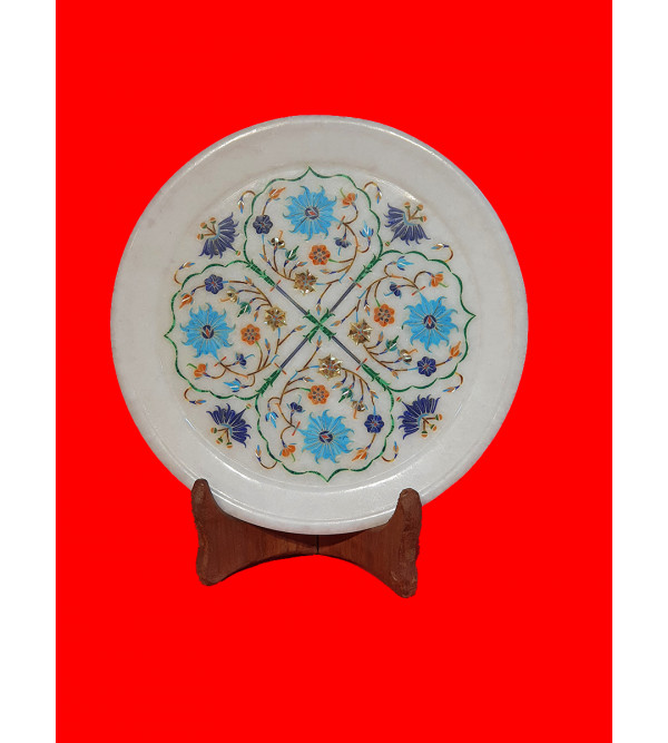 Marble Plate with Semi-Precious Stone Inlay Work Size 8 Inch