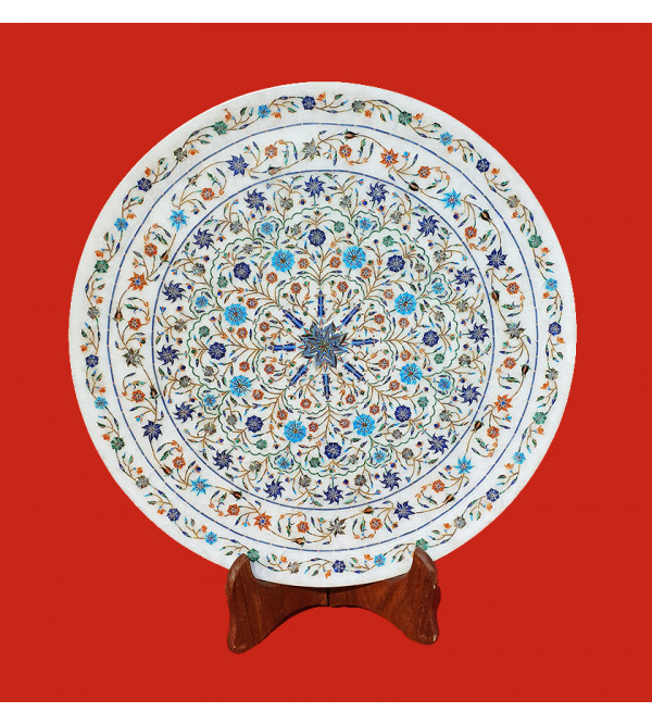 Marble Plate with Semi-Precious Stone Inlay Work Size 17 Inch