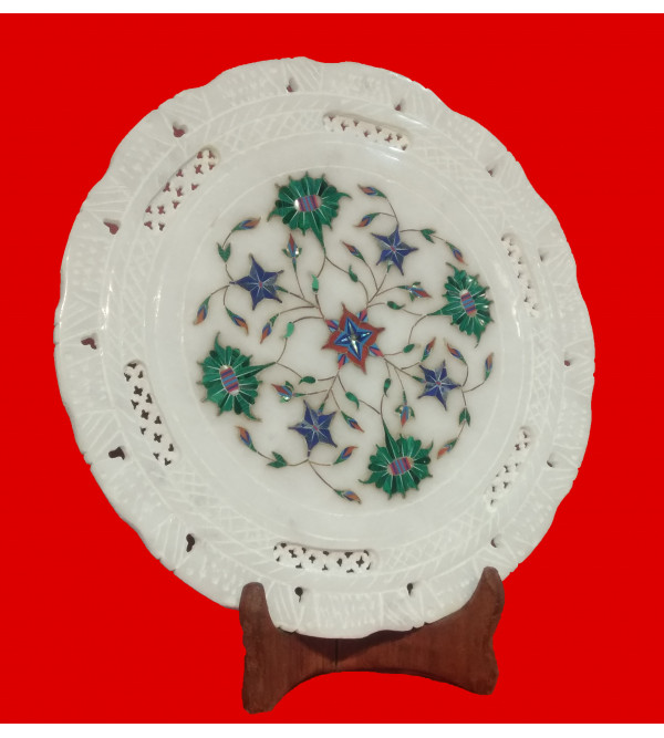 Alabaster Plate With Semi-Precious Stone Inlay Work Size 10 Inch