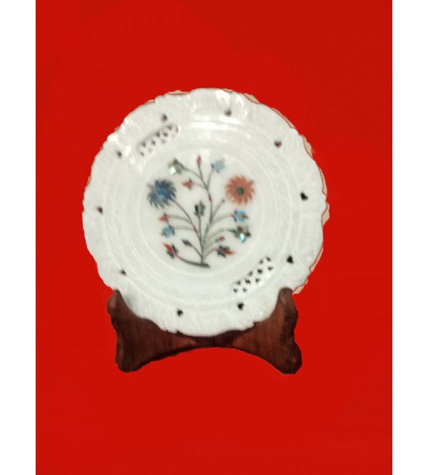 Alabaster Plate With Semi-Precious Stone Inlay Work Size 6 Inch
