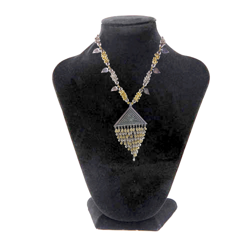 Handicraft Long Necklace White Metal Double Tone Pendants 