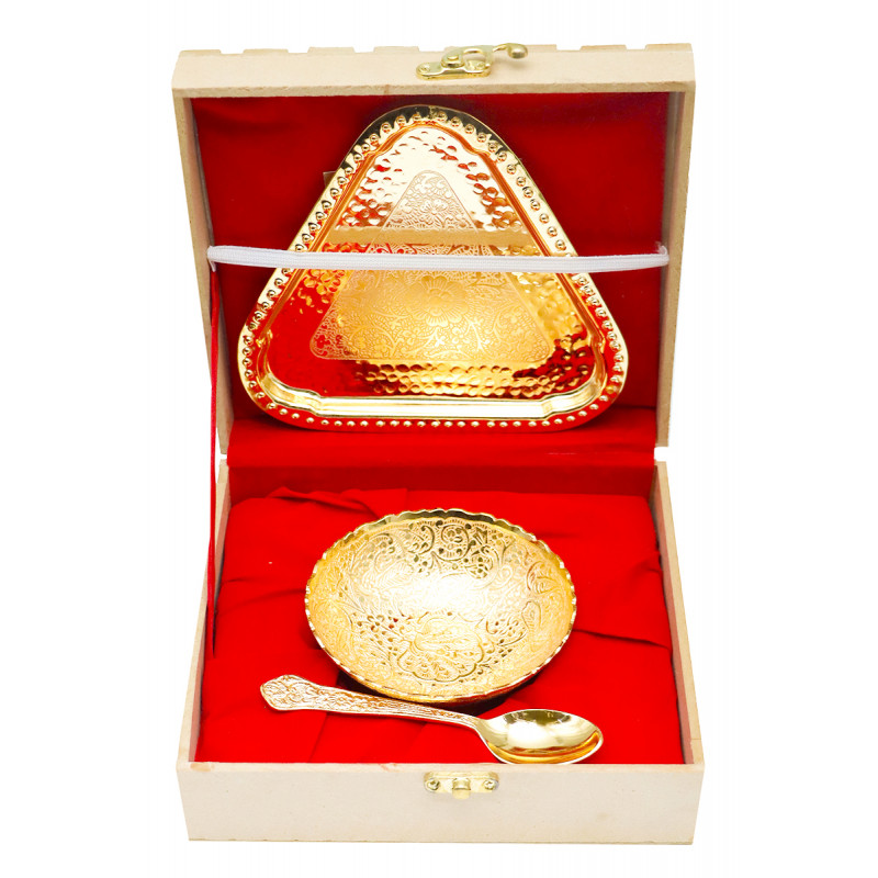  Bowl Tray Spoon Brass Gold Plated  4 Inch 3 Pc Set