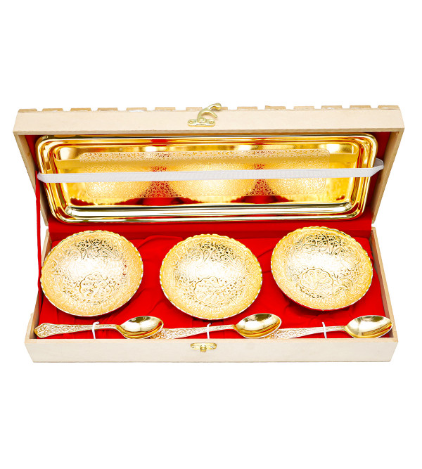 Bowl Tray Spoon 4 inch Gold Plated 7 Pc Set 