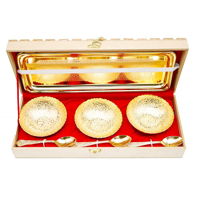 Bowl Tray Spoon 4 inch Gold Plated 7 Pc Set 