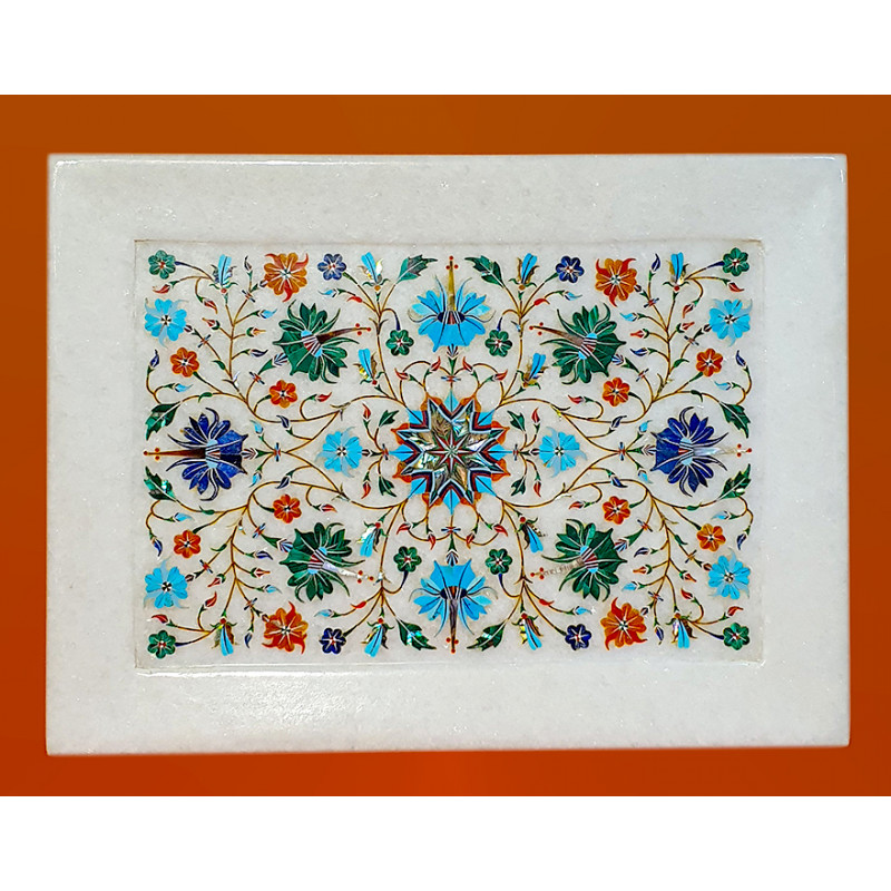 Marble Tile With Semi Precious Stone Inlay Work Size 12x9 Inch 