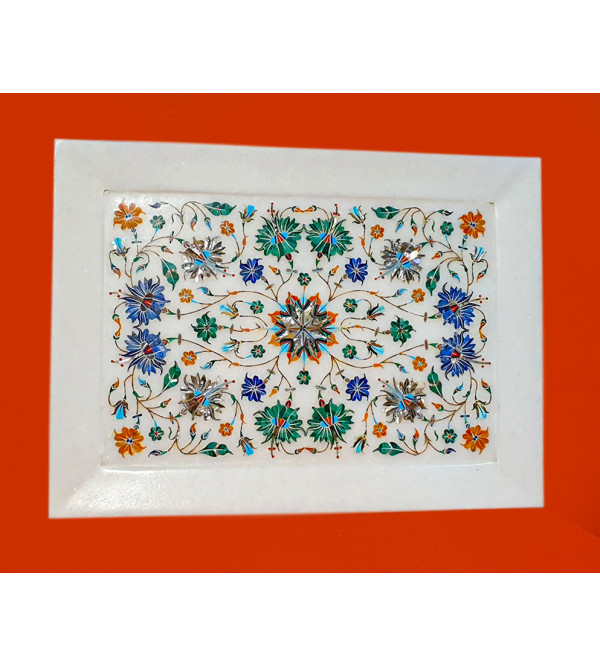 Marble Plate With Semi Precious Stone Work Size 12x9 Inch