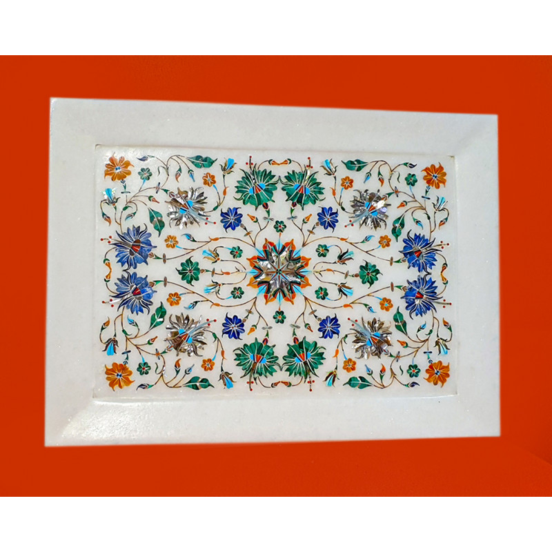 Marble Plate With Semi Precious Stone Work Size 12x9 Inch