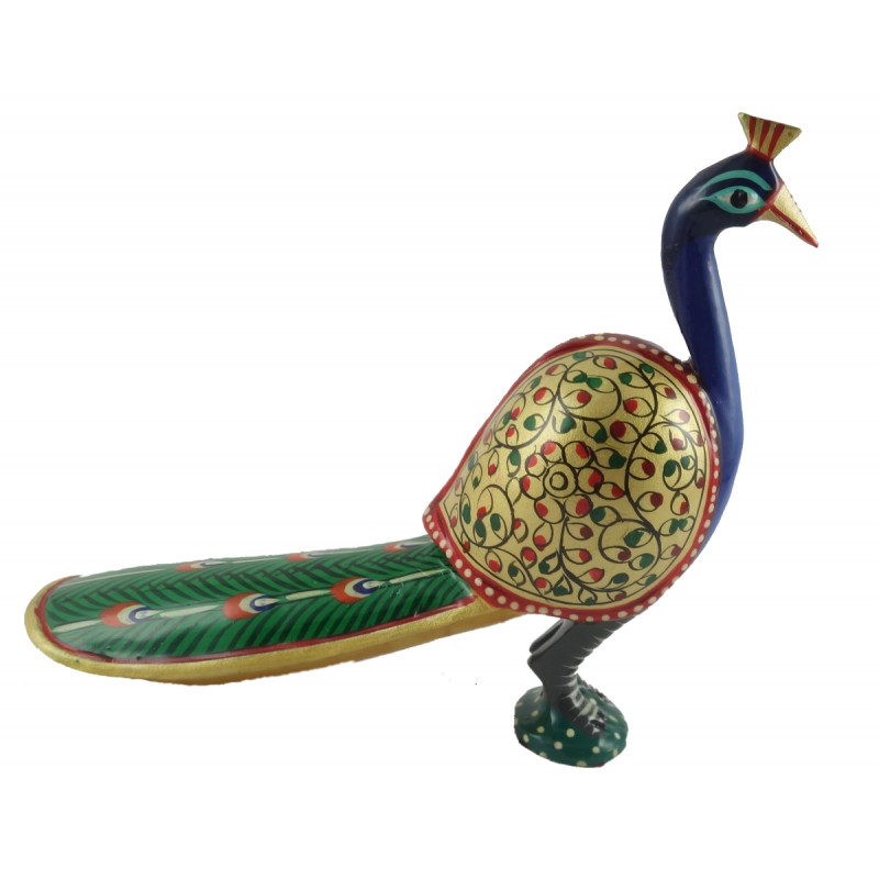 HANDICRAFT PEACOCK LONG TAIL PAINTED KADAM WOOD 4 INCH