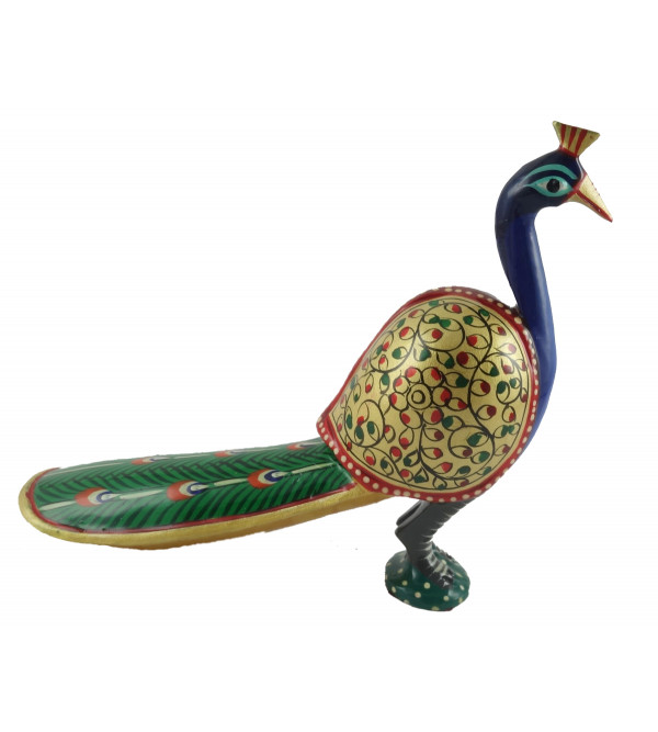 HANDICRAFT PEACOCK LONG TAIL PAINTED KADAM WOOD 4 INCH