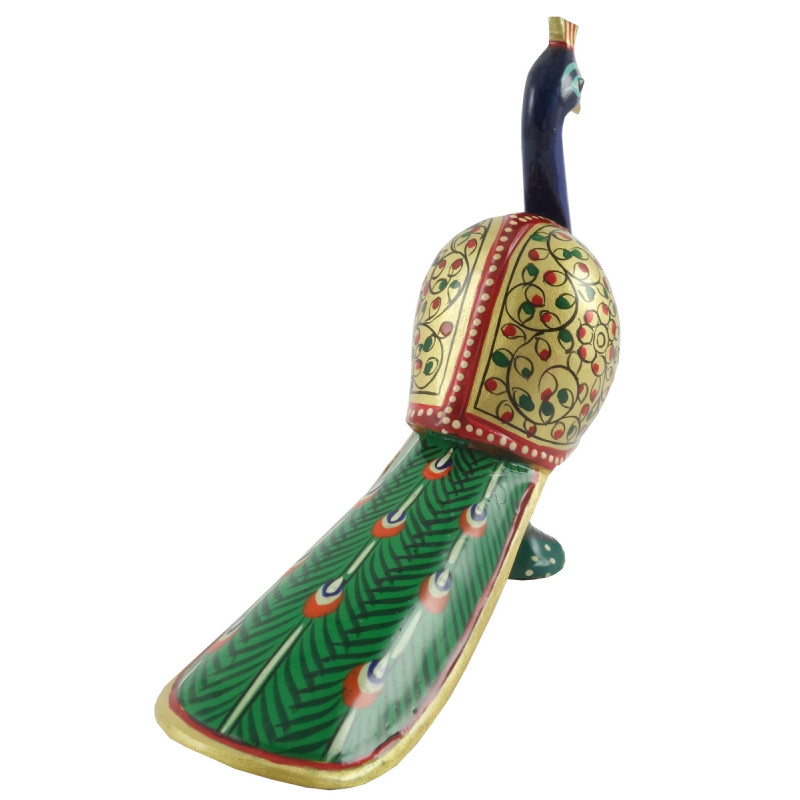 HANDICRAFT PEACOCK LONG TAIL PAINTED KADAM WOOD 6 INCH