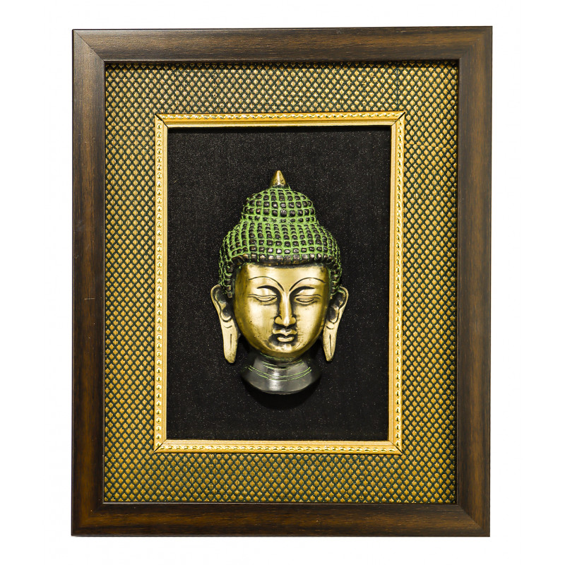 ANTIQUE BRASS GREEN  BUDDHA FACE HANGING FRAMED KFS-025A Size 9.5 X 12 Inch