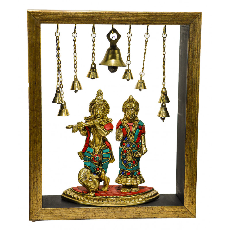 BRASS RADHA KRISHNA STONE WORK WITH BELLS TEMPLE FRAMED KFS-056 Size 9.5 X 11.5 X3 Inch