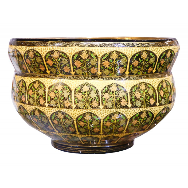 Papier Mache Bowl 10 in  Hazara Design Khardar Brass Lining