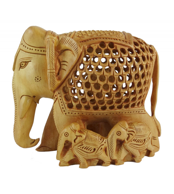 Kadamba Wood Handcrafted Carved Elephant with Baby Elephant and Undercut Design