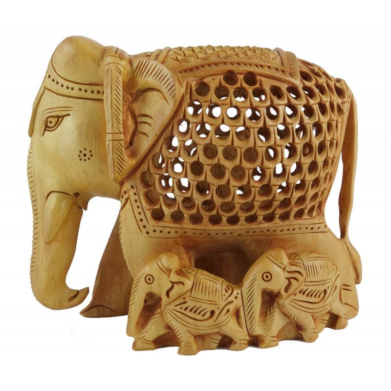 Kadamba Wood Handcrafted Carved Elephant with Baby Elephant and Undercut Design