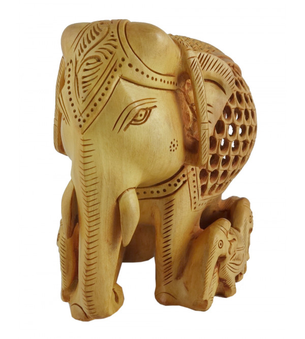 Kadamba Wood Handcrafted Carved Elephant with Baby Elephant and Undercut Design