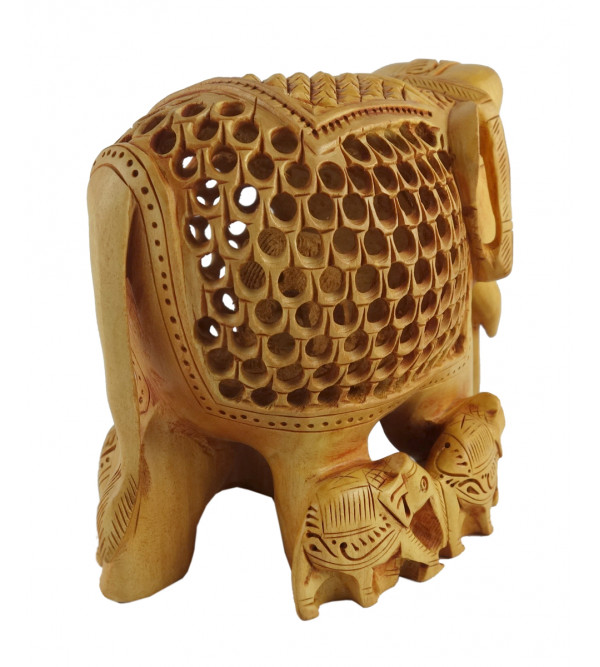 Kadamba Wood Handcrafted Carved Elephant with Baby Elephant and Undercut Design