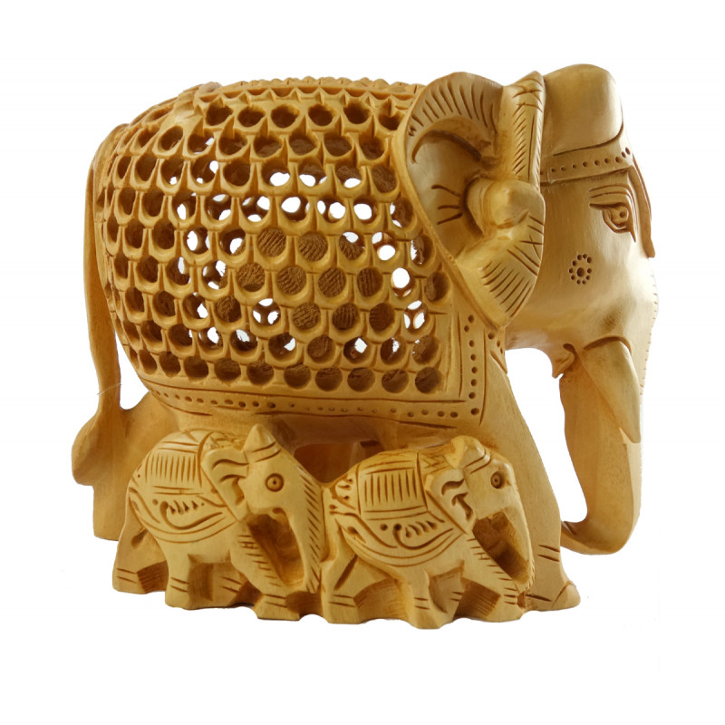 HANDICRAFT ELEPHANT UNDERCUT WITH BABY KADAM WOOD 4 INCH