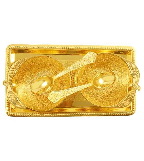 HANDICRAFT BRASS 5 PC SET APPLE BOWL SPOON TRAY  GOLD PLATED