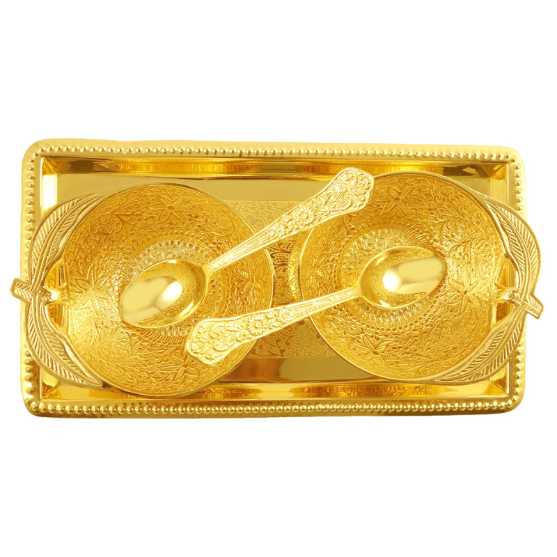 HANDICRAFT BRASS 5 PC SET APPLE BOWL SPOON TRAY  GOLD PLATED