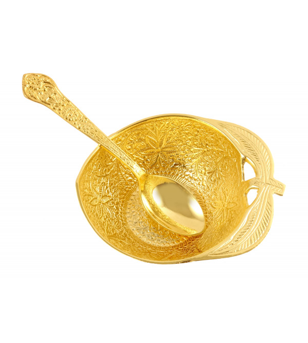 HANDICRAFT BRASS 5 PC SET APPLE BOWL SPOON TRAY  GOLD PLATED