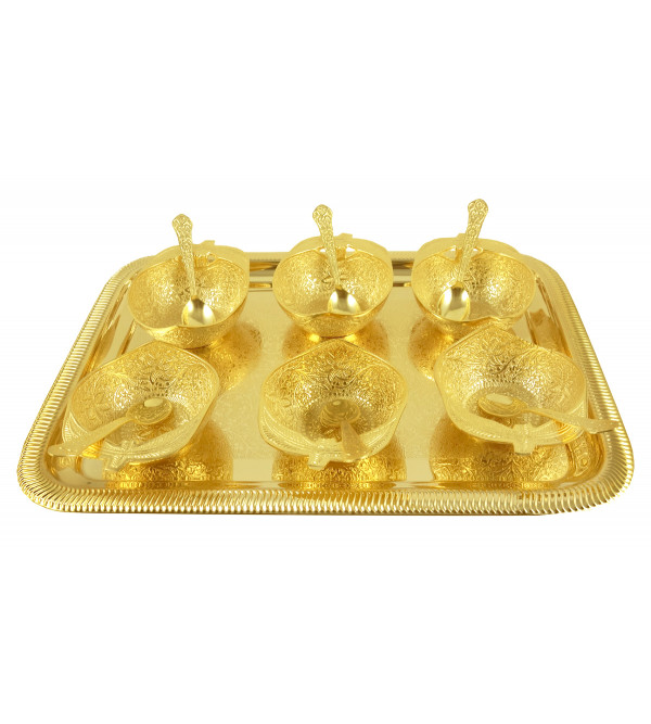 HANDICRAFT BRASS 13 PC SET APPLE BOWL TRAY SPOON  GOLD PLATED 