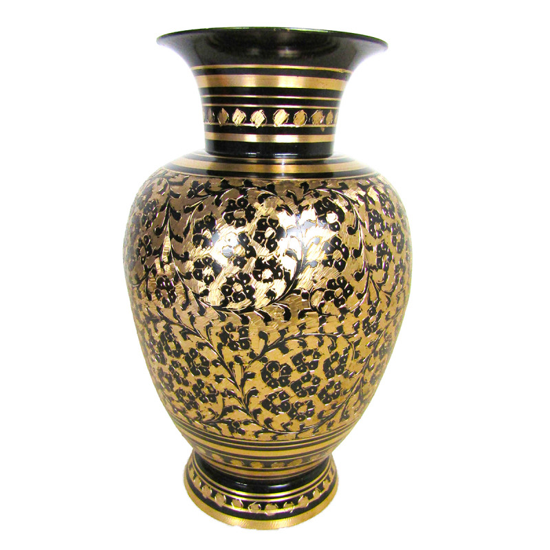 Flower Vase Jar  Brass Enamelled  Black 11 Inch
