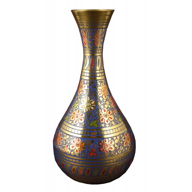 8 INCH BOTTLE FLOWER VASE BRASS ENAMEL COLOUR