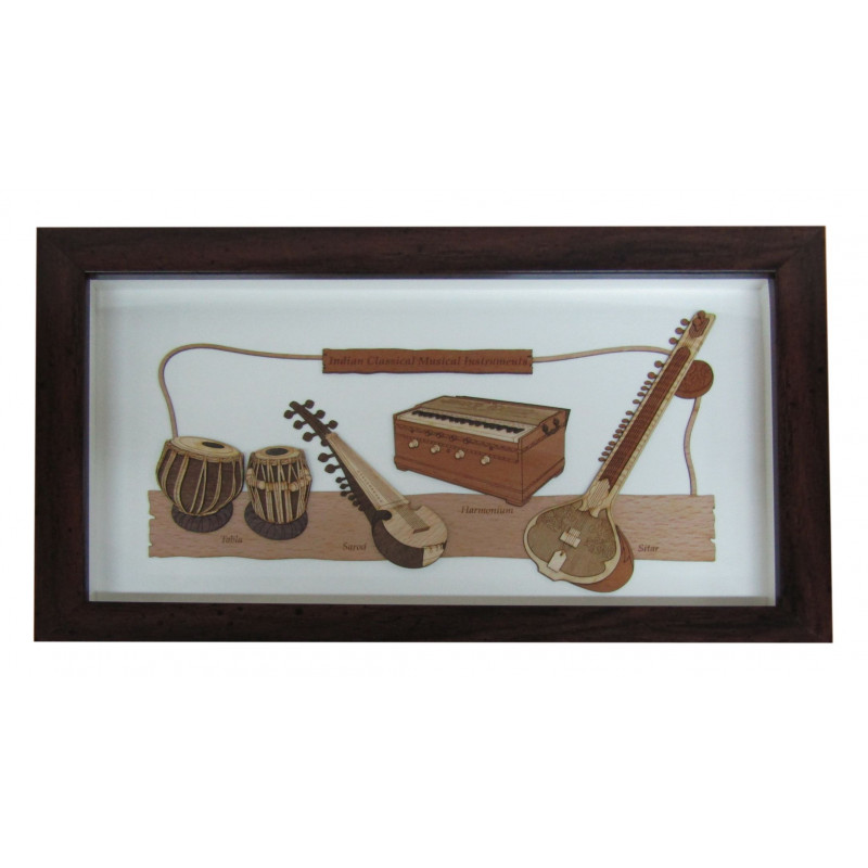 Wooden Art Pictures Indian Class. Music. Instruments 7 X 12 Inchs 