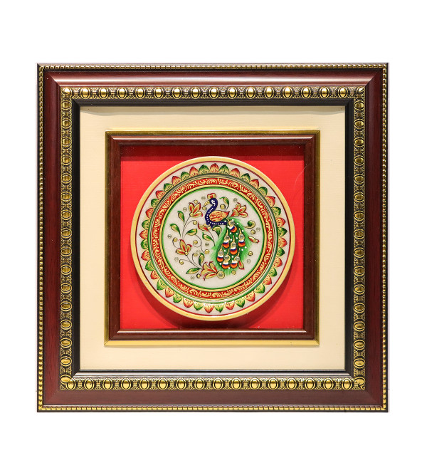 Cottage  ARTS & CRAFTS MARBLE 24 CRTS GOLD HAND PAINTED PLATE MULTI COLOUR FINE WORK PEACOCK PORTAIRT in CENTER