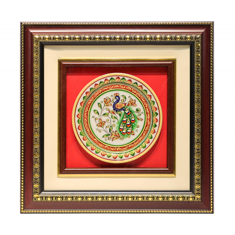 Cottage  ARTS & CRAFTS MARBLE 24 CRTS GOLD HAND PAINTED PLATE MULTI COLOUR FINE WORK PEACOCK PORTAIRT in CENTER