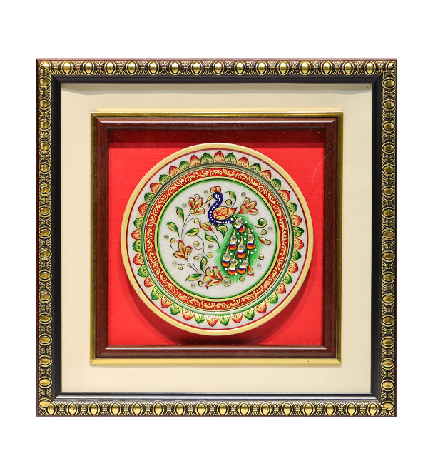 Cottage  ARTS & CRAFTS MARBLE 24 CRTS GOLD HAND PAINTED PLATE MULTI COLOUR FINE WORK PEACOCK PORTAIRT in CENTER