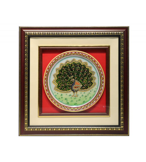 : Cottage  ARTS & CRAFTS MARBLE  HAND PAINTED PLATE MULTI COLOUR FINE WORK PEACOCK PORTAIRT in CENTER