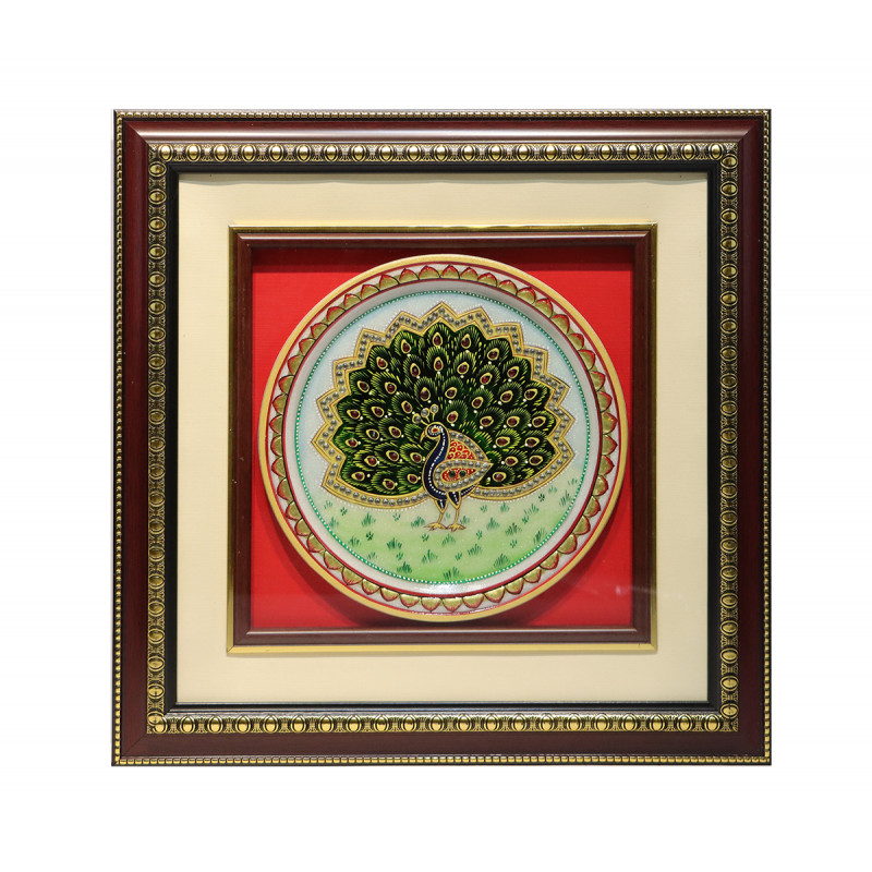 : Cottage  ARTS & CRAFTS MARBLE  HAND PAINTED PLATE MULTI COLOUR FINE WORK PEACOCK PORTAIRT in CENTER