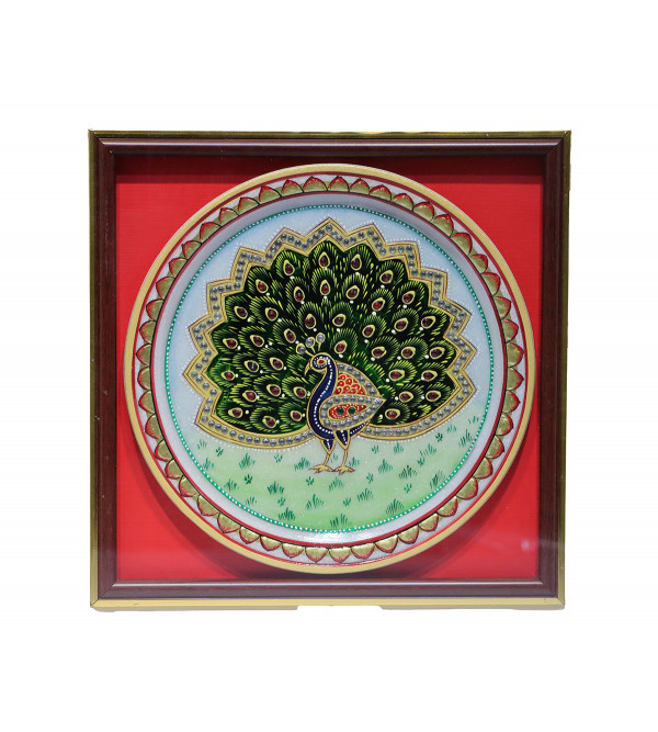 : Cottage  ARTS & CRAFTS MARBLE  HAND PAINTED PLATE MULTI COLOUR FINE WORK PEACOCK PORTAIRT in CENTER