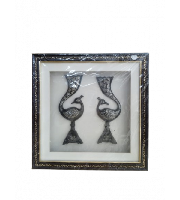 COTTAGE Pair Peacock Sculpture Purely Handmade bidri Craft Silver Inlay with Wood Frame, Traditional Indian Peacock Statue Décor