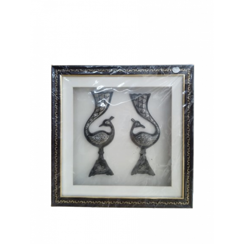 COTTAGE Pair Peacock Sculpture Purely Handmade bidri Craft Silver Inlay with Wood Frame, Traditional Indian Peacock Statue Décor