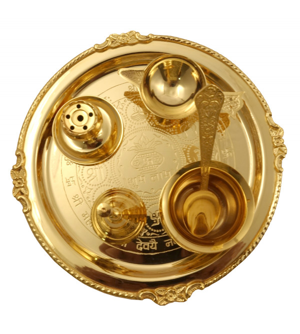 Handicraft Brass Gold Plated Puja Thali 6 pcs Set