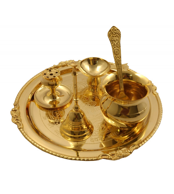 Handicraft Brass Gold Plated Puja Thali 6 pcs Set