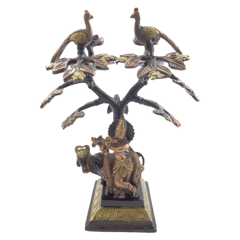 HANDICRAFT COW KRISHNA UNDER TREE 9 INCH BRASS COPPER FINISH