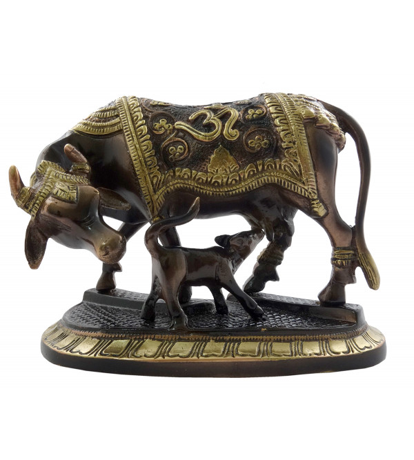 HANDICRAFT COW WITH CALF 6.25 INCH BRASS COPPER FINISH