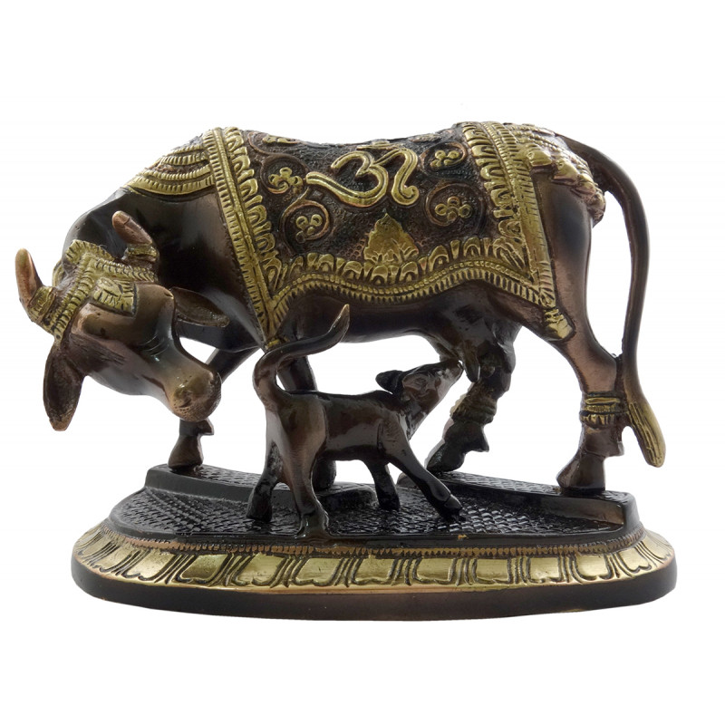 HANDICRAFT COW WITH CALF 6.25 INCH BRASS COPPER FINISH