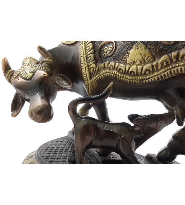 HANDICRAFT COW WITH CALF 6.25 INCH BRASS COPPER FINISH