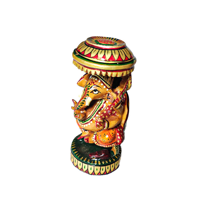 Kadamba Wood Handcrafted and Hand painted Lord Ganesha Figure with Chhatra