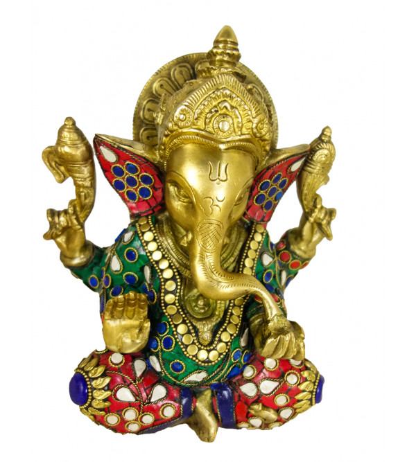 Brass Ganesh Carved Big Ears  Flower Stone Work Finish 8 Inch Wt-3.370 Kg