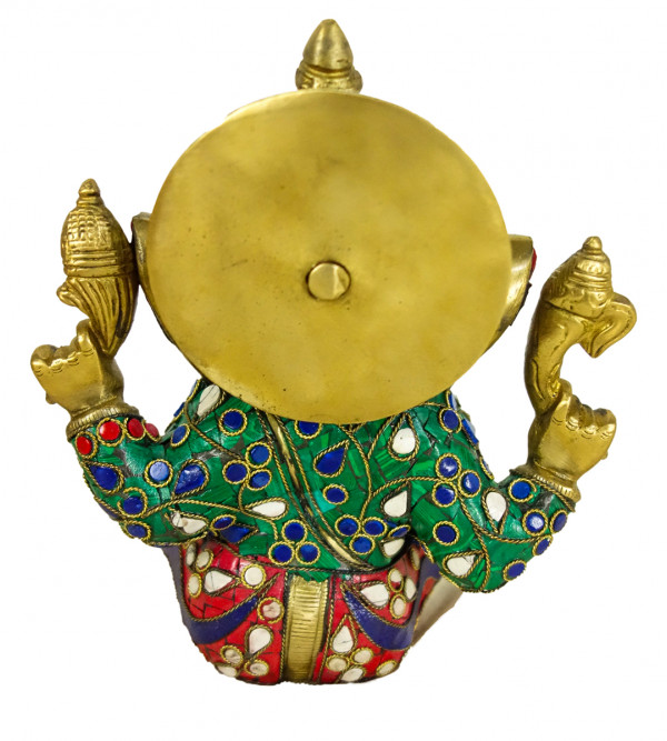 Brass Ganesh Carved Big Ears  Flower Stone Work Finish 8 Inch Wt-3.370 Kg