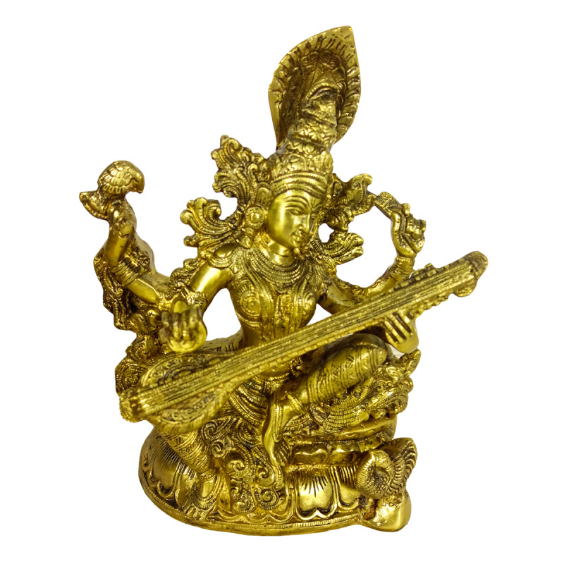Brass Saraswati Sitting Richly Carved 11x11 in   Wt-5.210 Kg