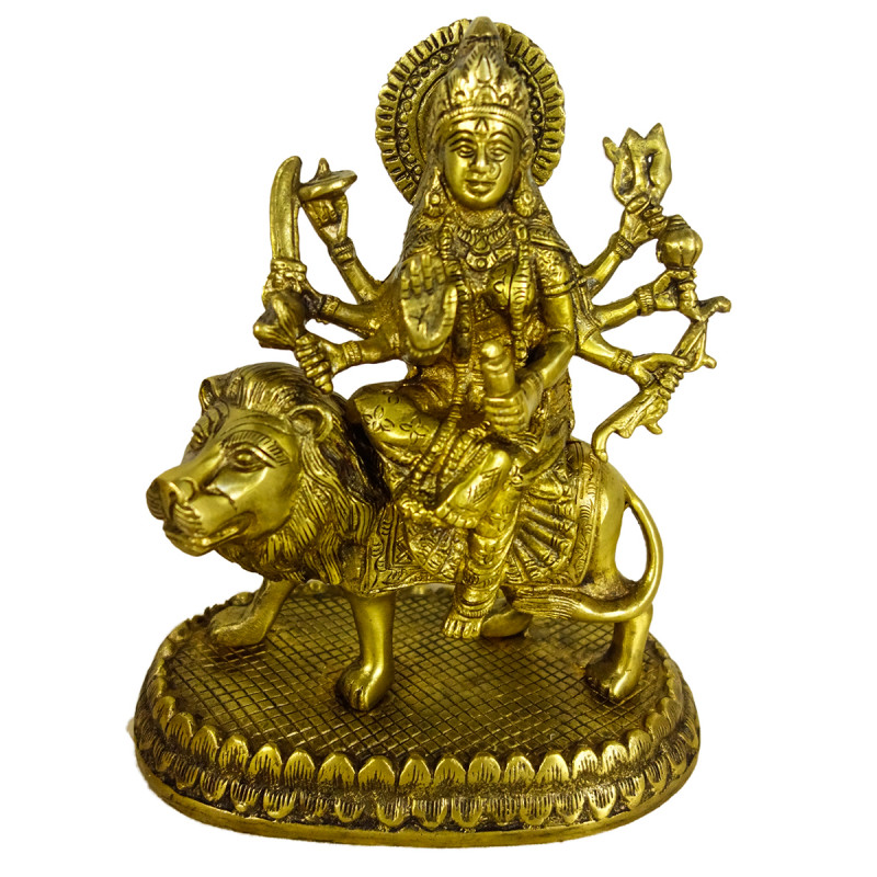 Brass Durga Sitting on Lion Wdesigner Base  Wt-3.495 Kg 8.5 In